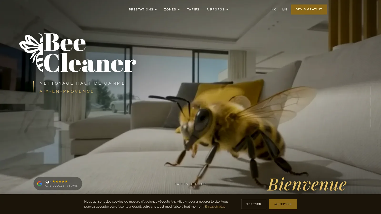 Page d'accueil de Bee Cleaner Aix après la refonte 2026