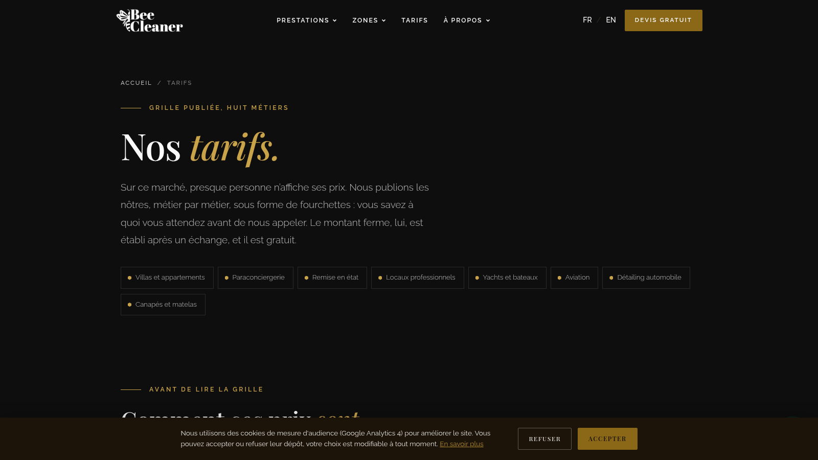 Page des tarifs publics, métier par métier