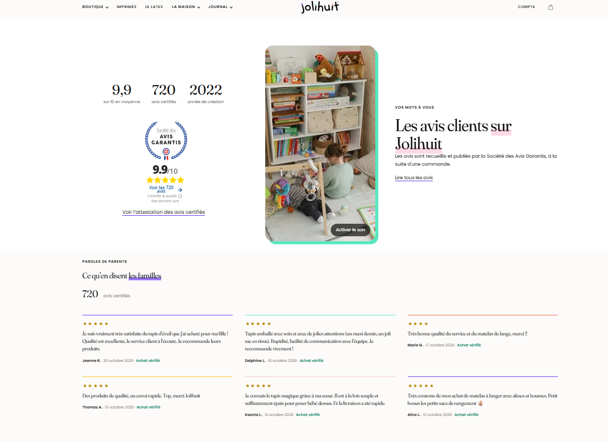 Présentation des avis clients Jolihuit : 9,9 sur 10, 720 avis certifiés, extraits d'avis