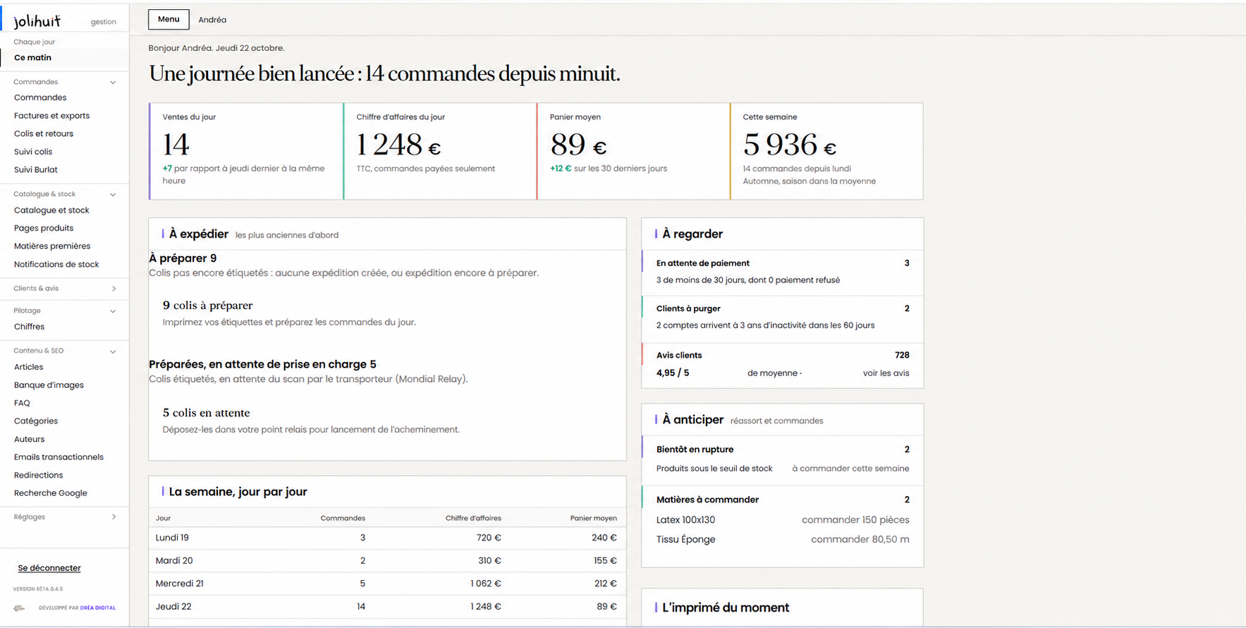 Aperçu démonstratif du tableau de bord de gestion Jolihuit : commandes, chiffre d'affaires, préparation et stock