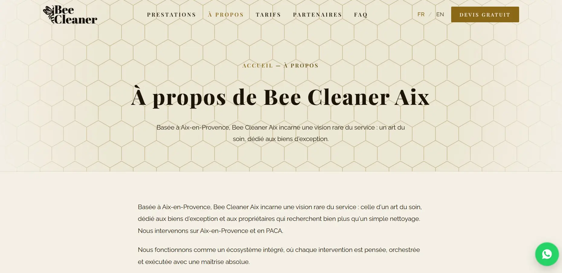 Page À propos du site Bee Cleaner Aix
