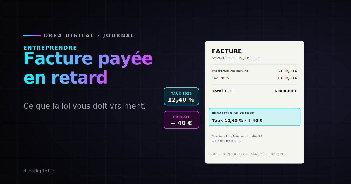 Une facture sur fond noir, une ligne de pénalités de retard soulignée en cyan à côté du taux et de l'indemnité forfaitaire.