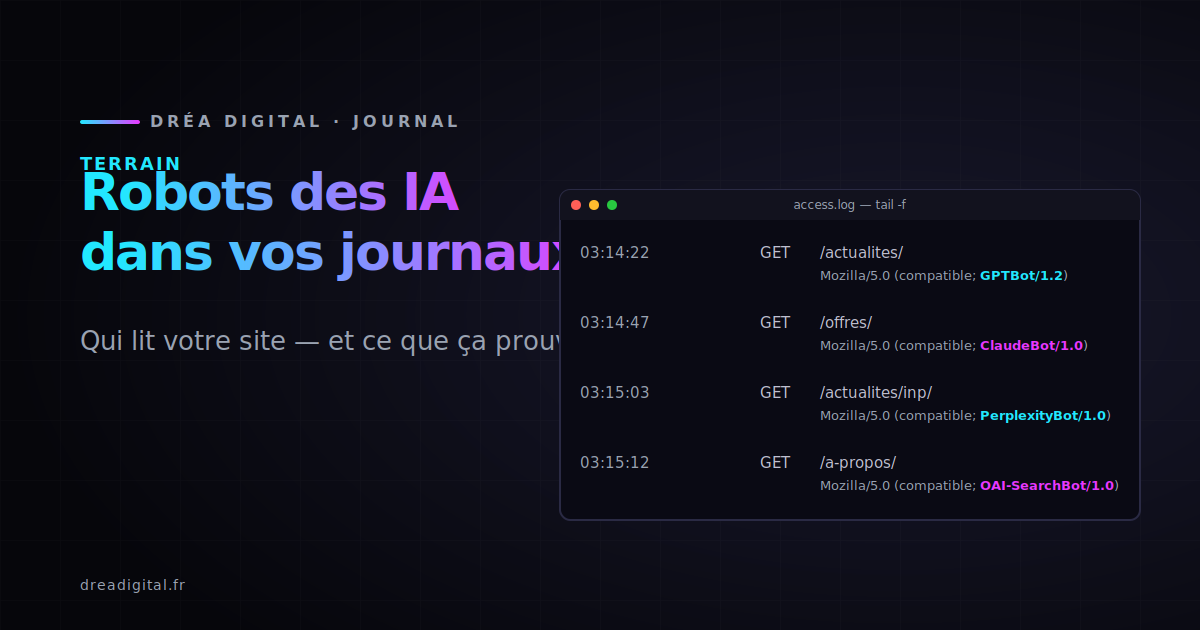 Sur fond noir, une ligne de journal serveur avec l'horodatage et le nom d'un robot d'IA surligné en cyan, sous un titre en dégradé cyan vers violet.