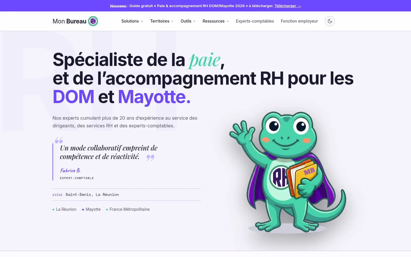 Page d'accueil du nouveau site Mon Bureau RH avec la mascotte Ti Margo