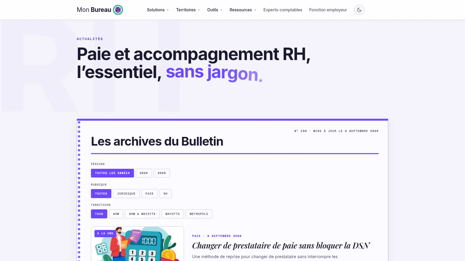 Mon Bureau RH - actualités classées par rubrique et territoire
