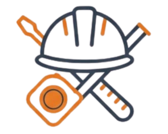 Casque de chantier, truelle et mètre croisés