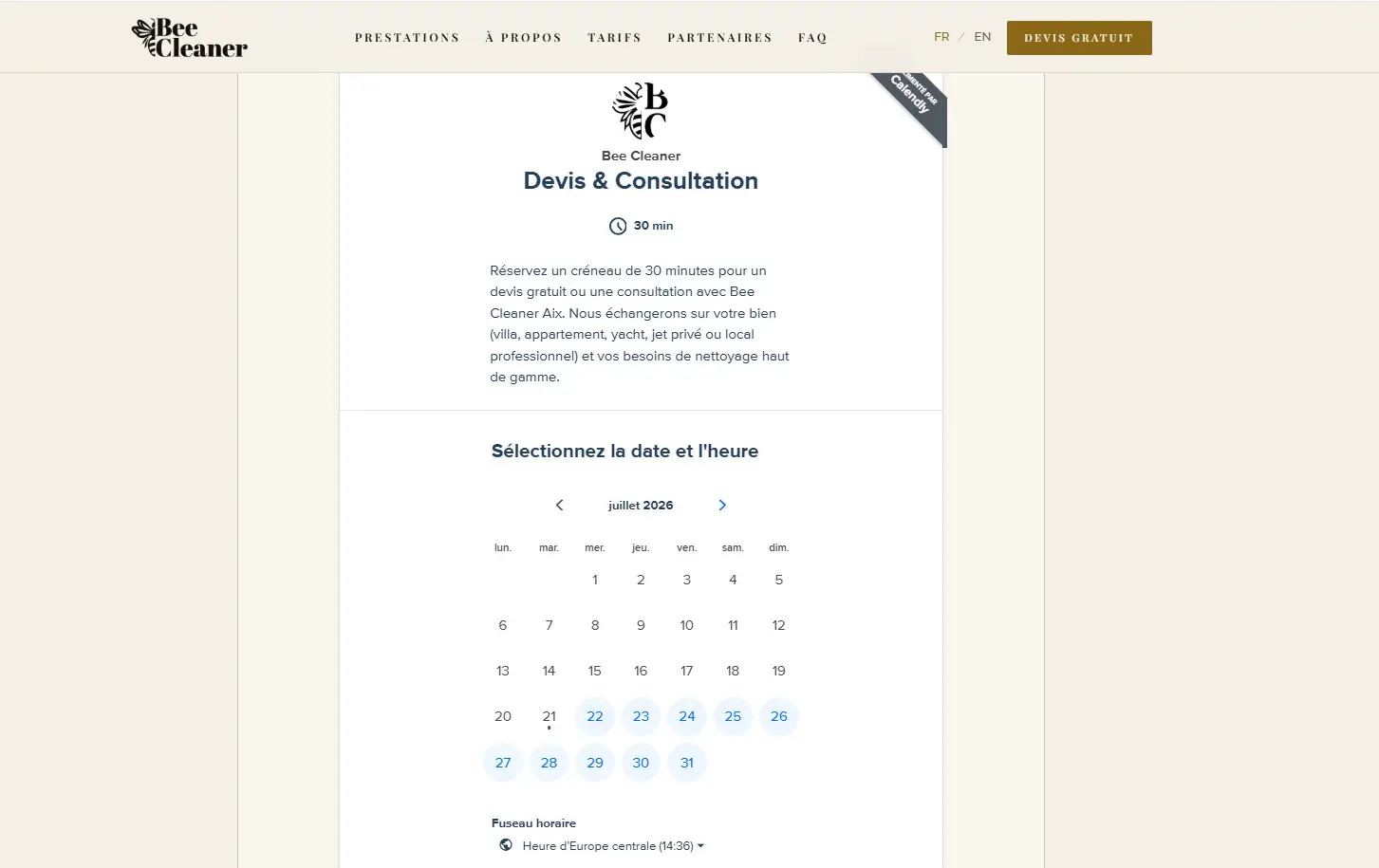 Prise de RDV en ligne via Calendly — Bee Cleaner Aix