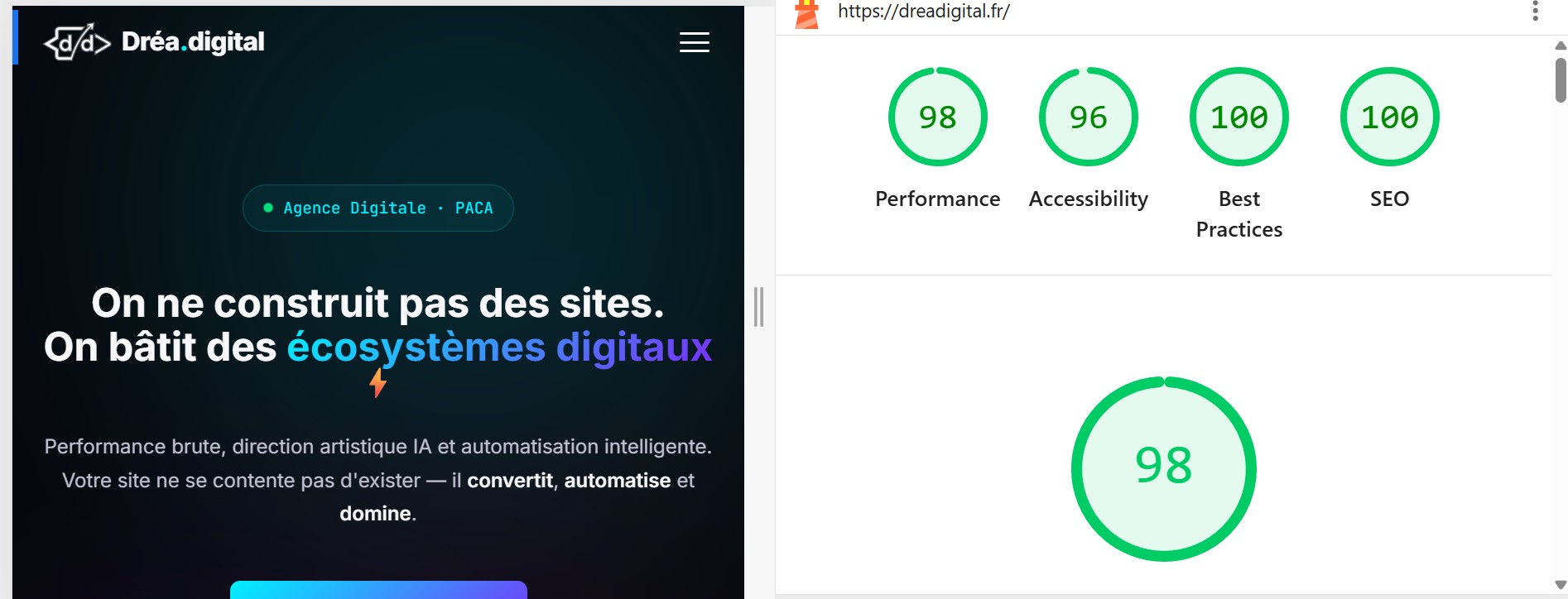 Score Google Lighthouse Drea.digital - Performance 98