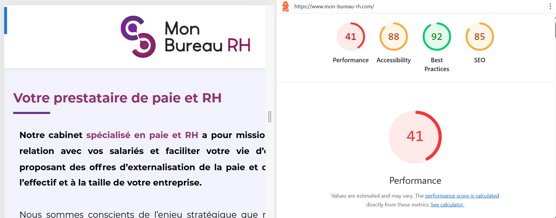 Score Google Lighthouse Mon Bureau RH - Performance 41
